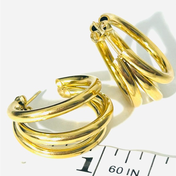 18k Gold Plated Stainless Steel Triple Hoop Small Earrings 1 inch in diameter - Picture 4 of 4